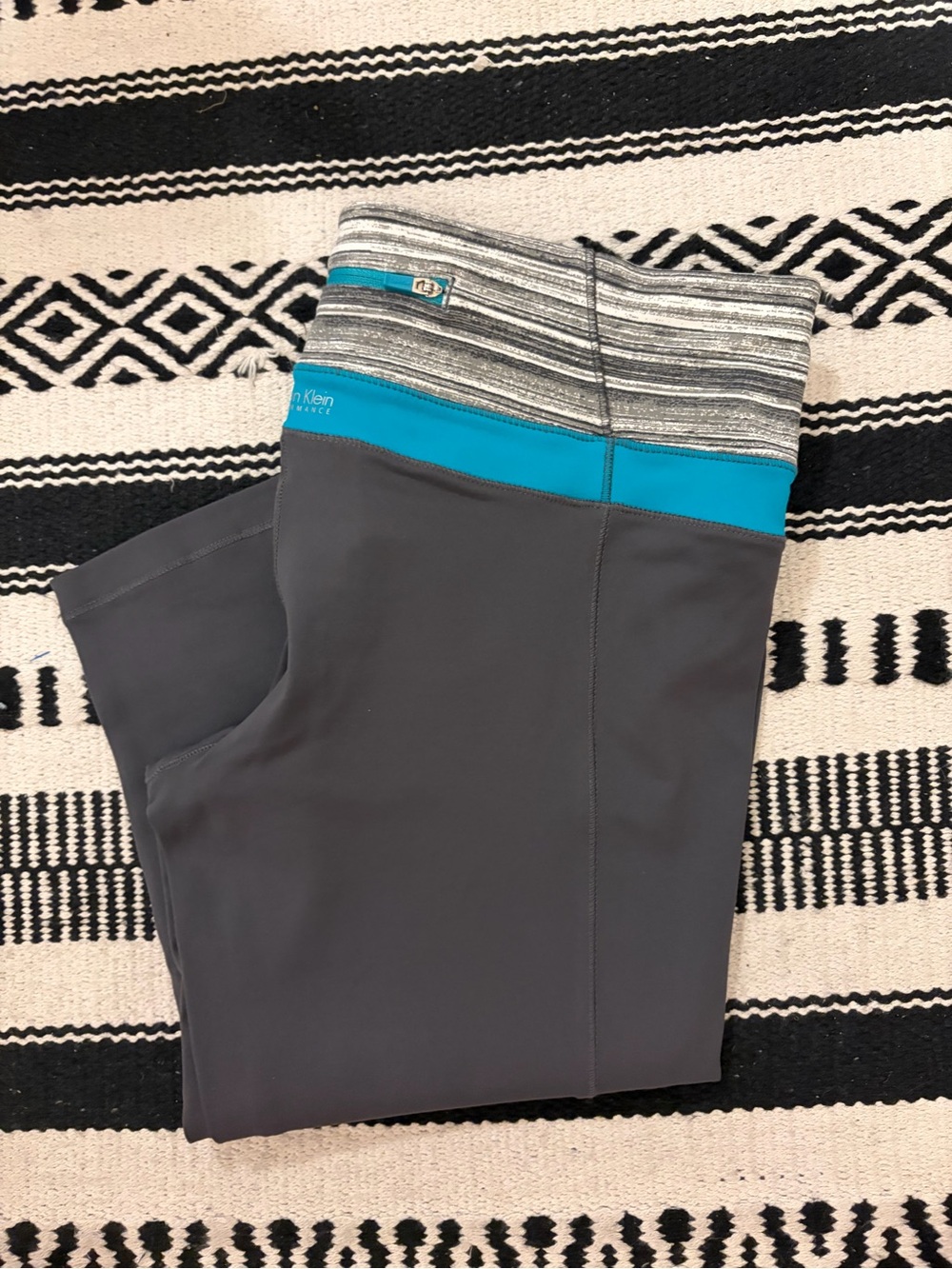Calvin Klein Gray Leggings with Turquoise Waistband and Striped Foldover